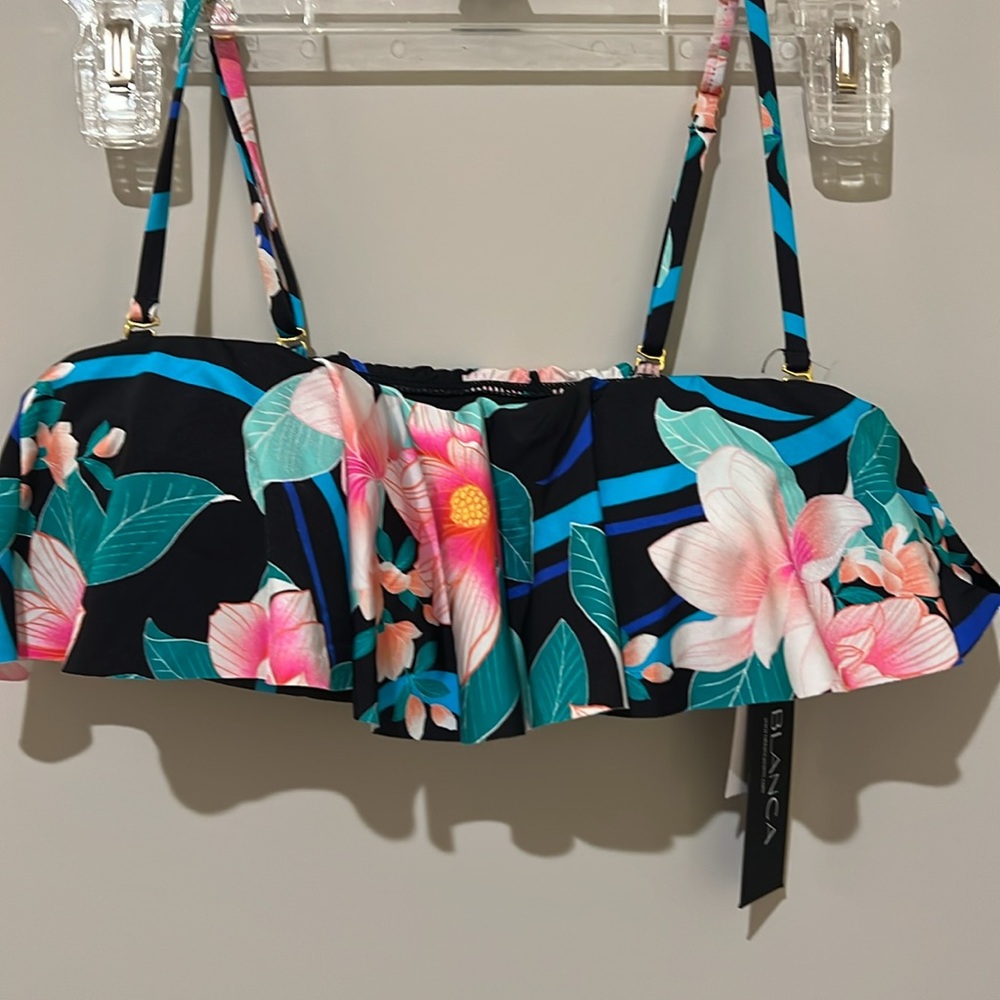 NWT $83 La Blanca Tropical Bandeau Bikini Swim Swimsuit Top 4 XS Black Floral - Picture 8 of 16